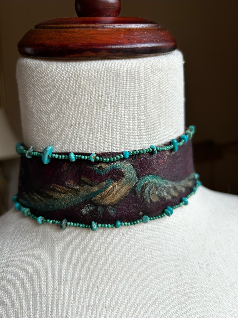 Vintage 1990’s Leather Hand-Painted Hand-Made Choker with Turquoise Beads - Picture 4 of 8